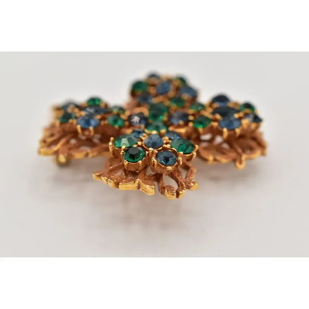 BSK Vintage Crystal Clover Pin Brooch Green Blue Rhinestone Gold Signed BinBG